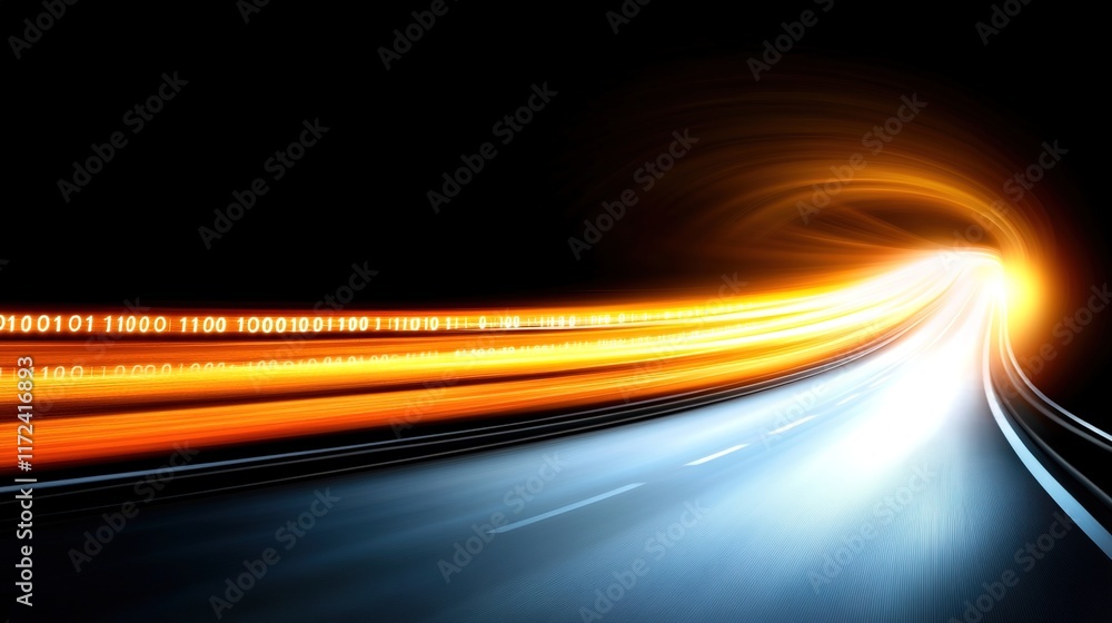 Poster futuristic highway with light trails and binary code concept