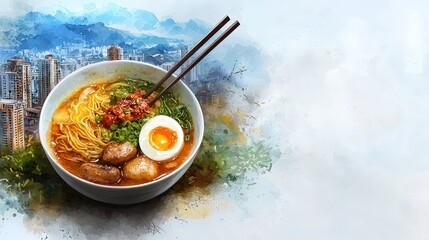 A photostock of a delicious bowl of ramen with vibrant toppings on a minimal background