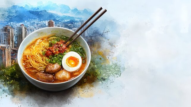 A photostock of a delicious bowl of ramen with vibrant toppings on a minimal background