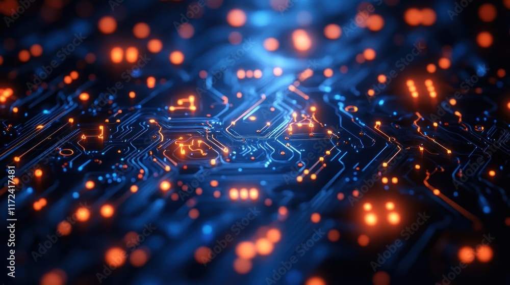 Poster abstract representation of a circuit board with glowing elements