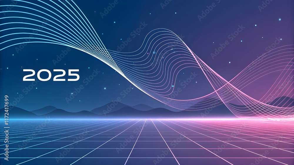 Aufkleber abstract thin line light blue background in technology elegant style. 2025 wave on tech bg. modern g