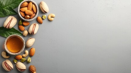 Healthy mix of almonds pistachios cashews honey transparent background