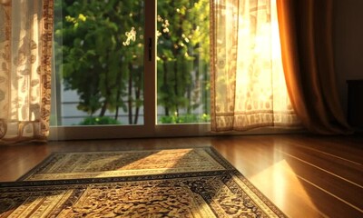 A sunlit room with a decorative rug and sheer curtains, creating a warm, inviting atmosphere.