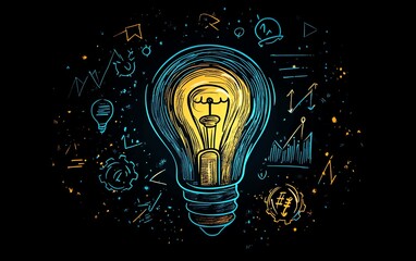 A handdrawn lightbulb with doodles of gears, graphs, and charts, symbolizing creative business concepts and ideas