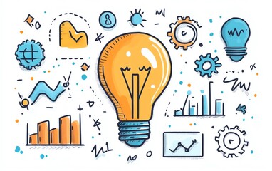 A handdrawn lightbulb with doodles of gears, graphs, and charts, symbolizing creative business concepts and ideas