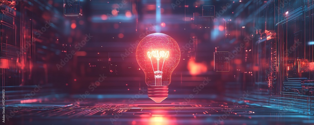 Poster a light bulb surrounded by floating ai icons, glowing softly in a hightech environment, representing