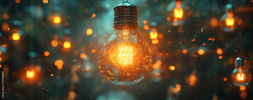 Poster a light bulb surrounded by floating ai icons, glowing softly in a hightech environment, representing