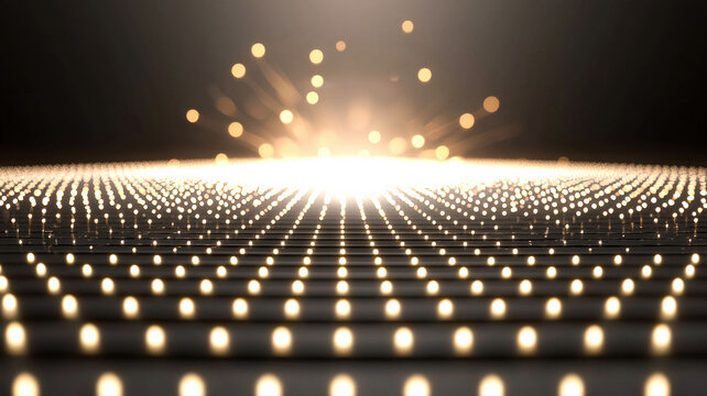 A luxurious 3D scatter plot with pulsing, glowing points floating over a reflective black grid, surrounded by a soft halo of light, ideal for futuristic data visualization and high-tech analytics.