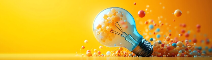A lightbulb filled with abstract creative elements, glowing on a yellow background, representing business leadership and imaginative solutions