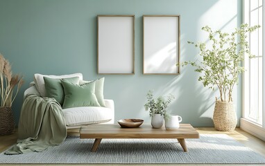 Serene living room, plants, sunlight, cozy armchair, mockups.