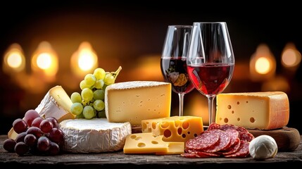 Gourmet Cheese and Red Wine Tasting Platter with Grapes and Salami
