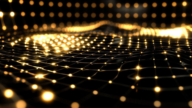 A luxurious 3D scatter plot with pulsing, glowing points floating over a reflective black grid, surrounded by a soft halo of light, ideal for futuristic data visualization and high-tech analytics.