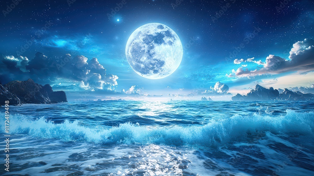 Poster a dramatic view of the moonlit ocean with waves crashing gently on the shore, illuminated by the sof