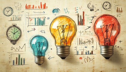 A series of handdrawn lightbulbs with businessrelated doodles like clocks, arrows, and charts, symbolizing entrepreneurship and innovation
