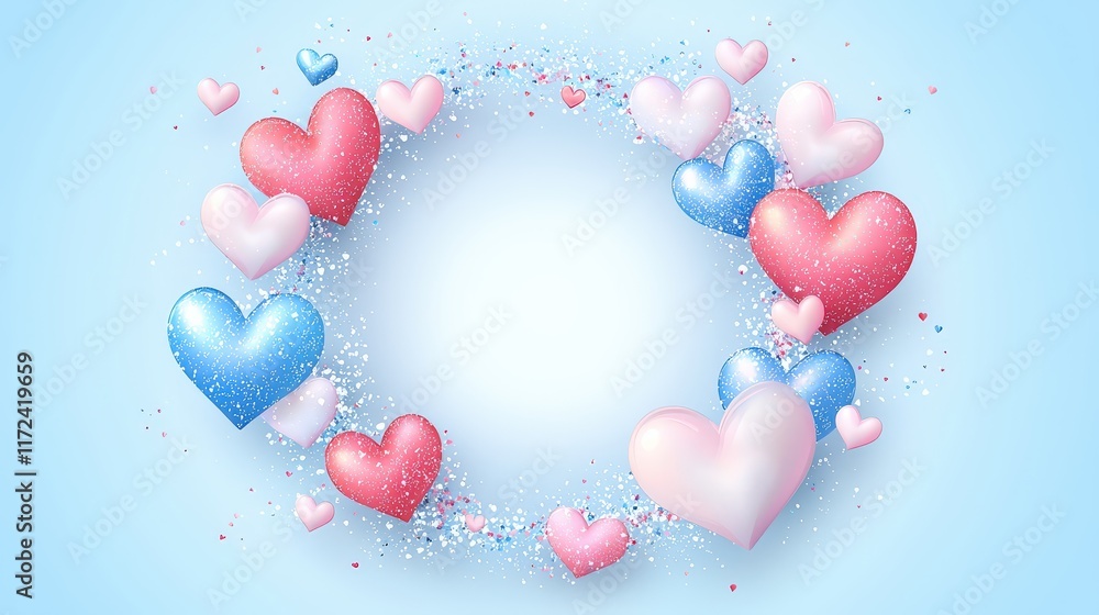 Poster a flat vector-style web banner for valentine's day, designed with overlapping pastel hearts and a ce