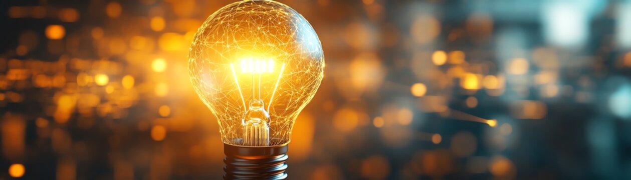 A yellow background with a glowing lightbulb in the center, surrounded by leadership icons and brainstorming ideas, highlighting business creativity