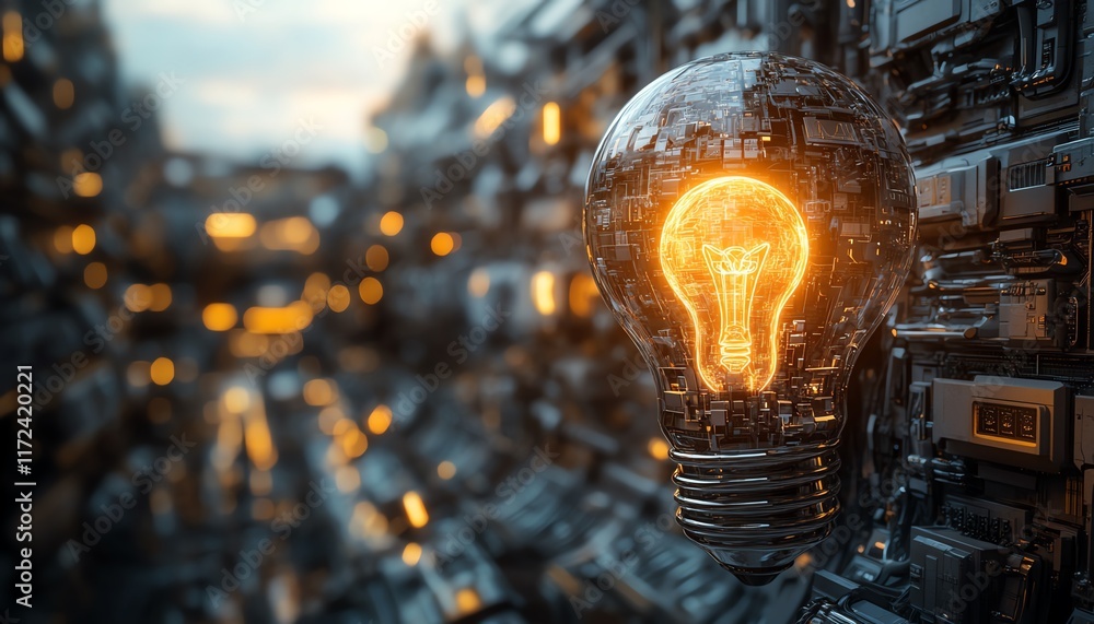 Poster an ai robot sketching a glowing light bulb on a virtual canvas, symbolizing the intersection of art,