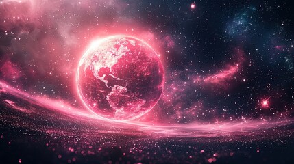 Obraz premium A glowing pink globe floating in space, surrounded by pink stars and galaxies, representing a pink-hued universe