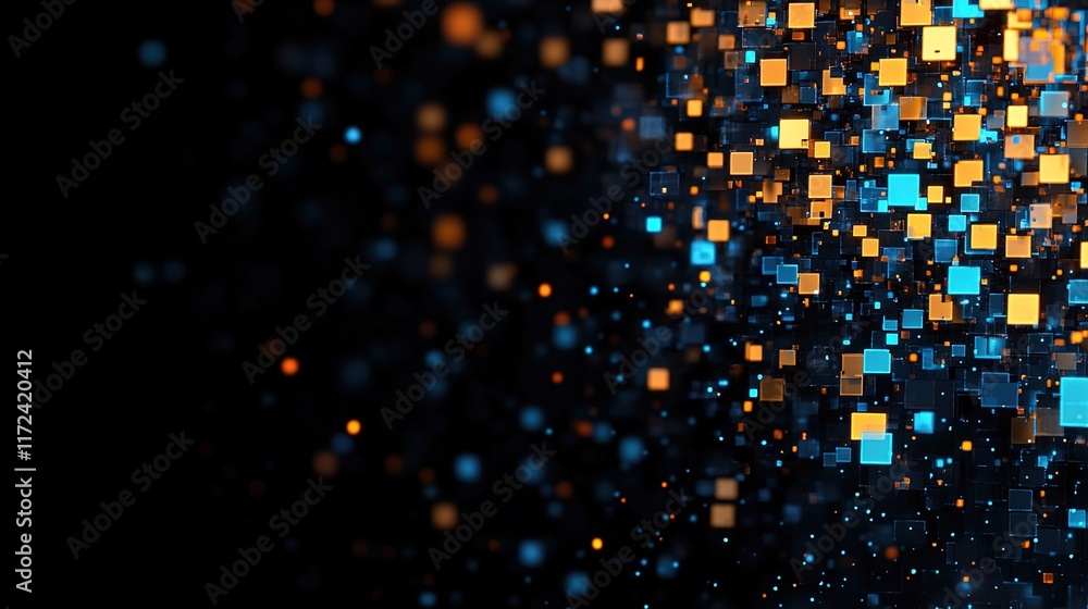 Poster abstract digital background with bright square particles in motion