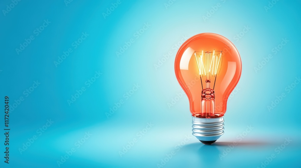 Poster a glowing red lightbulb centered on a smooth blue background, creating a bold and striking contrast