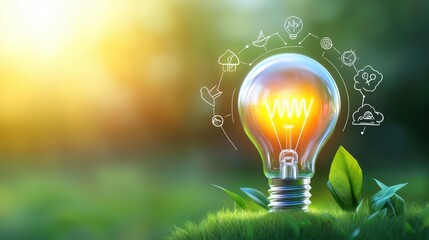 A glowing renewable energy light bulb powered by green energy, symbolizing sustainable power and environmental protection, with a green background