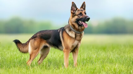 A guard dog on alert, standing tall in a grassy field, its gaze fixed on something in the distance