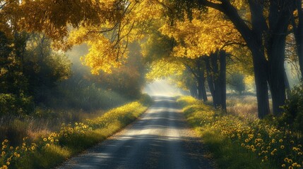 Obraz premium A wide-angle view of a peaceful rural road lined with vibrant yellow sunflowers glowing in the early morning sunlight