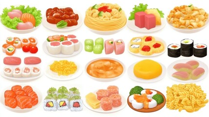 Diverse Asian and International Cuisine Food Collection Sushi Noodles and More