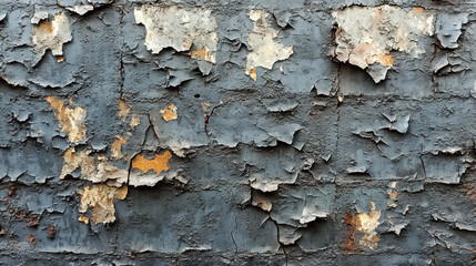 Peeling paint on weathered brick wall, urban decay backdrop