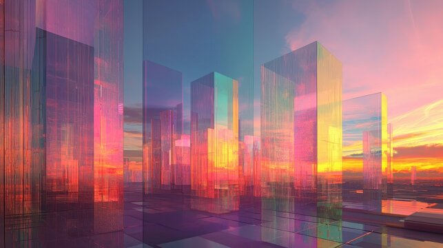 Futuristic city with transparent buildings glowing at dusk