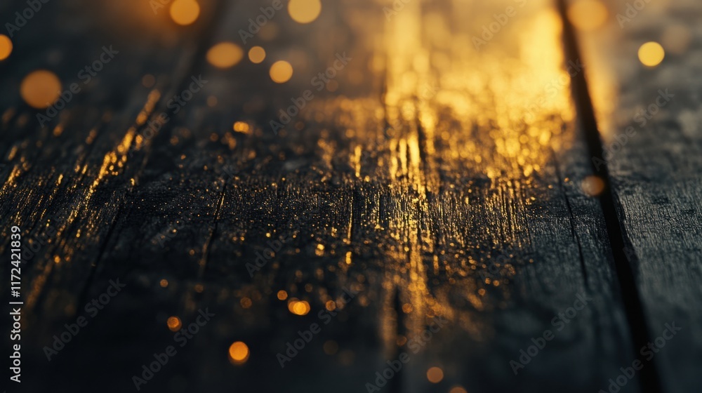 Poster a close-up of a dark wooden tabletop with a blurred golden bokeh background, creating a cozy and inv