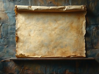 An aged, rolled parchment displayed on a textured wall, suggesting historical or artistic use.