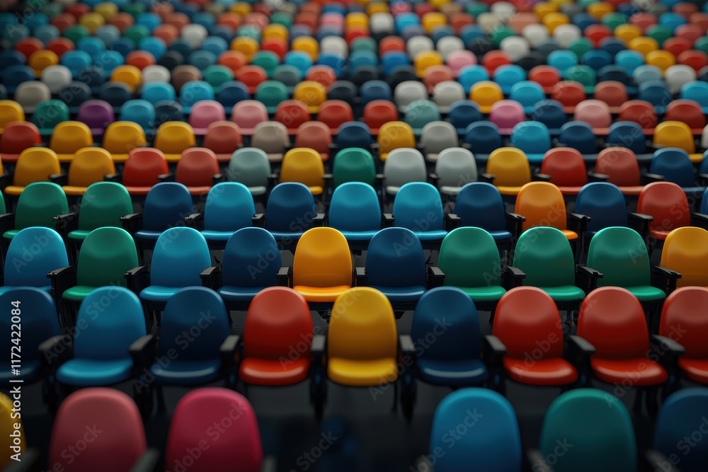 Aufkleber a vibrant array of colorful chairs arranged in rows, creating a visually striking pattern and inviti