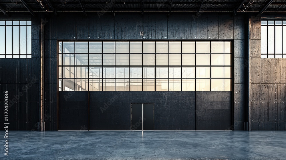 Poster a modern black warehouse with a small, open interior, minimalist design, and large windows, highligh