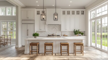 Fototapeta premium A minimalist white kitchen featuring white marble countertops, custom cabinetry, and elegant lighting fixtures for a serene, modern space