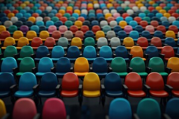 Fototapeta premium A vibrant array of colorful chairs arranged in rows, creating a visually striking pattern and inviting exploration of design and color.