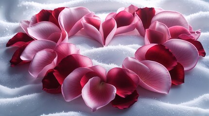  Heart-Shaped Design of Red and Pink Rose Petals on a Snowy Background
