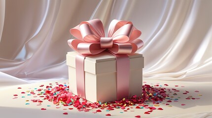  Gift Box with Pink Bow on Satin Fabric and Confetti, Romantic Presentation