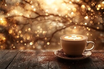 Obraz premium Latte art coffee , cup on wooden table in cafe with lighting background whit generative ai