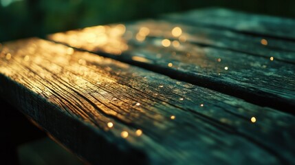 A close-up of a rustic wooden table with golden and green bokeh highlights, perfect for an outdoor setting