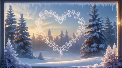  Frosted Heart with Ornate Patterns on Window Overlooking Winter Landscape