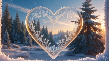  Frosted Heart with Ornate Patterns on Window Overlooking Winter Landscape