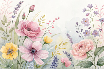 Watercolor painting of pastel pink, yellow, and purple flowers.