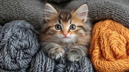 Cute kitten nestled in yarn balls, cozy home, winter warmth, pet photography.