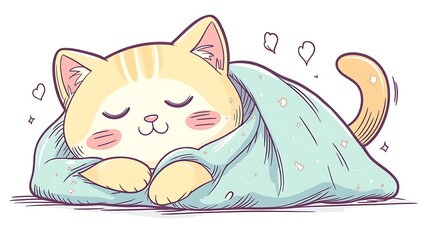 An adorable sleeping cat curled into a ball, soft pastel blanket draped over it, gentle expression with closed eyes, clean white background, minimalist hand-drawn style, kawaii aesthetic, hd quality,
