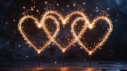 Three Sparkling Heart Fireworks Glowing in the Dark Night Sky