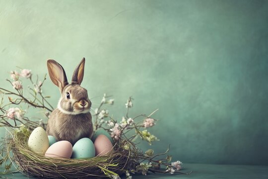 Brown Easter bunny sitting in a nest with a pile of colorful Easter eggs and flowers against teal textured background with negative space for Easter themed advertisement.