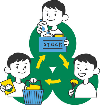 ローリングストック｜防災備蓄を買い置きし買い足し消費する-イラストのみ