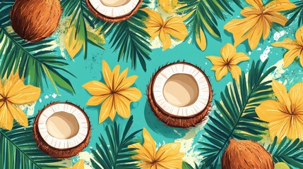 A playful coconut pattern with stylized illustrations of coconuts and palm trees, ideal for tropical fashion, interior designs, and beach party invitations