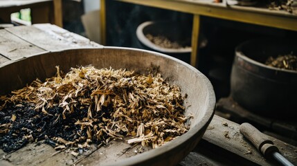 Rustic wooden bowl filled with dried herbs and spices in an artisanal workshop highlighting natural textures and earthy colors in a cozy, authentic environment